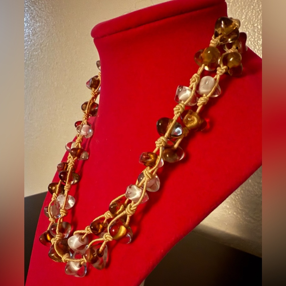 Antique Baroque Glass Beaded Multi-Strand Necklace Amber Clear Statement Jewelry - Picture 5 of 8